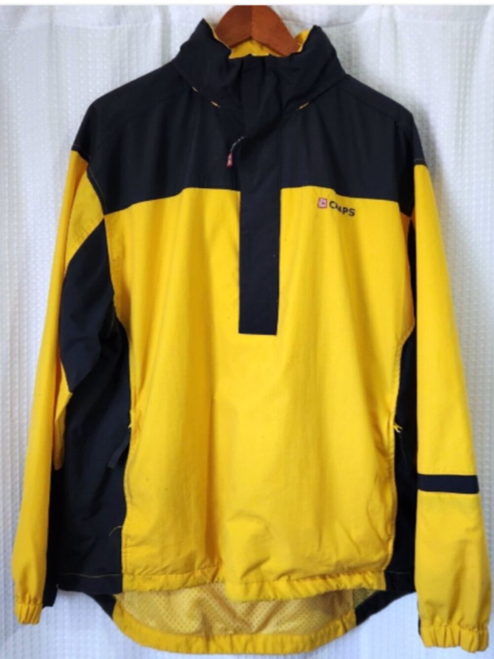 Chaps Windbreaker Jacket Mens Large Yellow Navy Blue 1/4 Zip Pullover Hooded VG